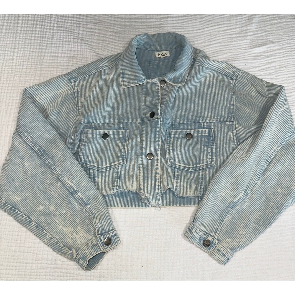 POL Cropped Corduroy Jacket Womens Medium Blue Distressed Denim Jean Style